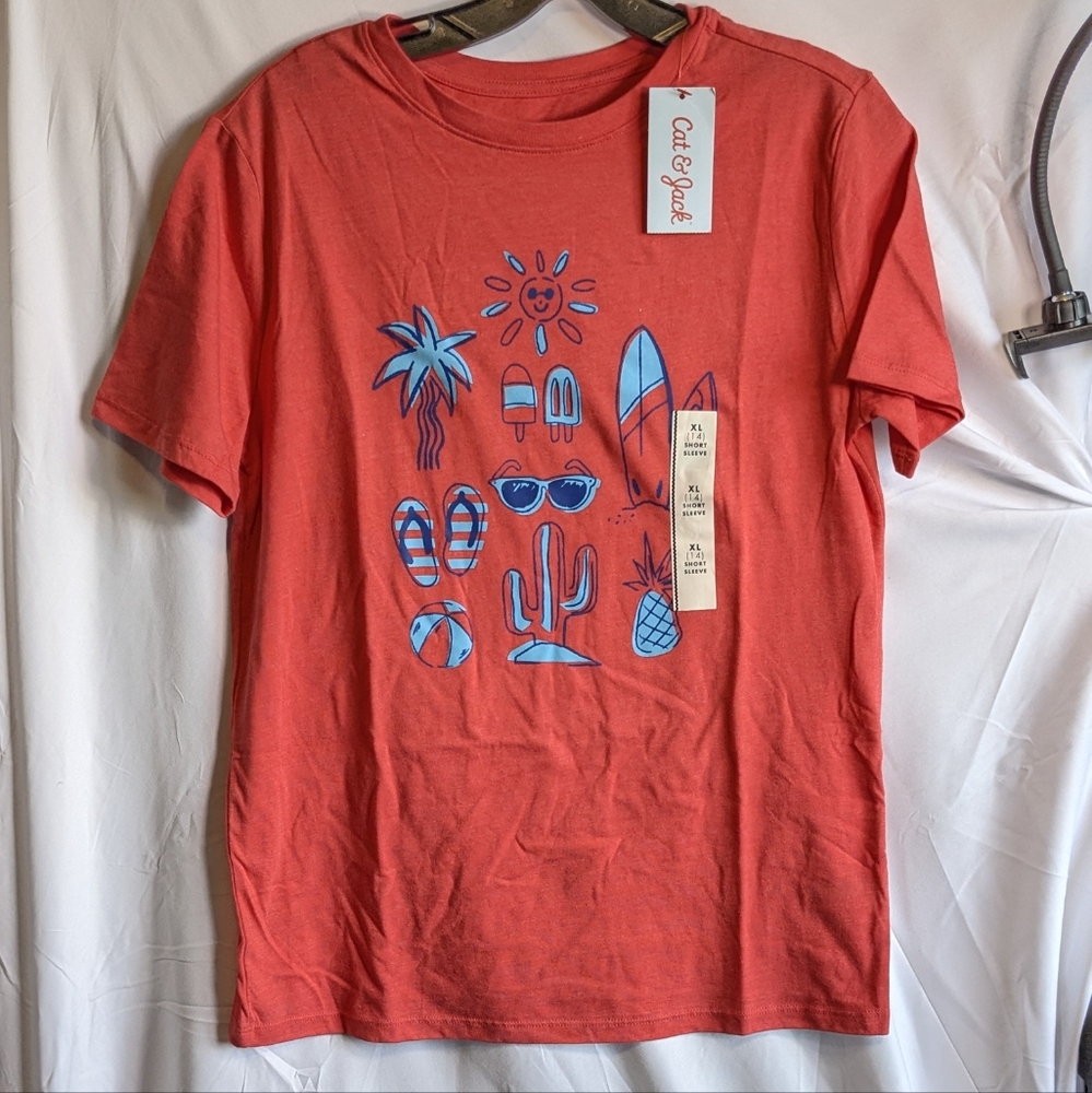 Kids XL Red Graphic T-Shirt with Blue Summer Icons /Bin10